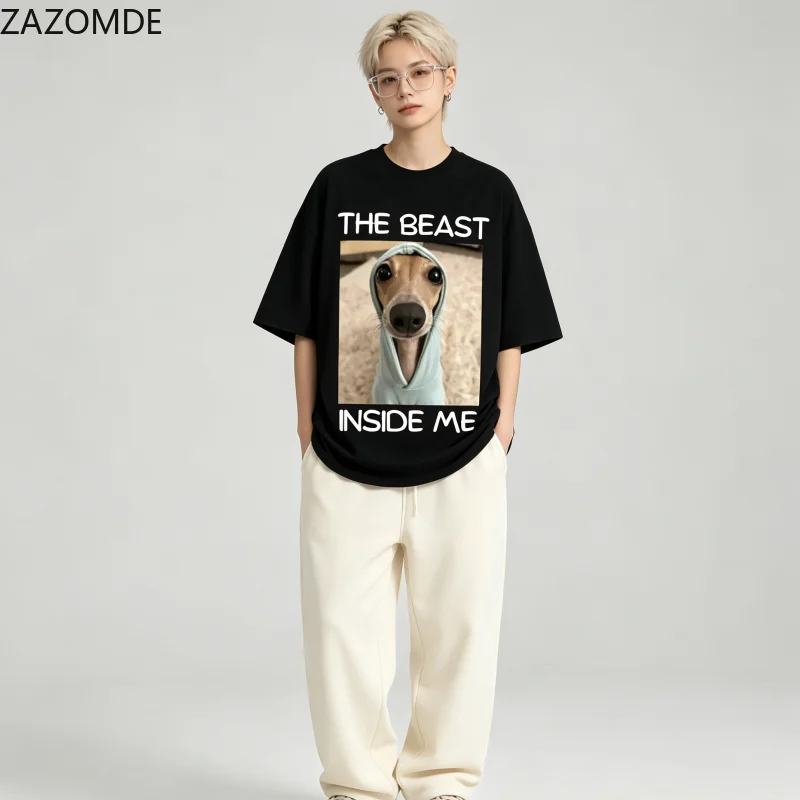 ZAZOMDE Retro Streetwear T-Shirt The Beast Inside Me Cute Greyhound Puppy Graphic Printing Oversized Short Sleeve Shirts 2026