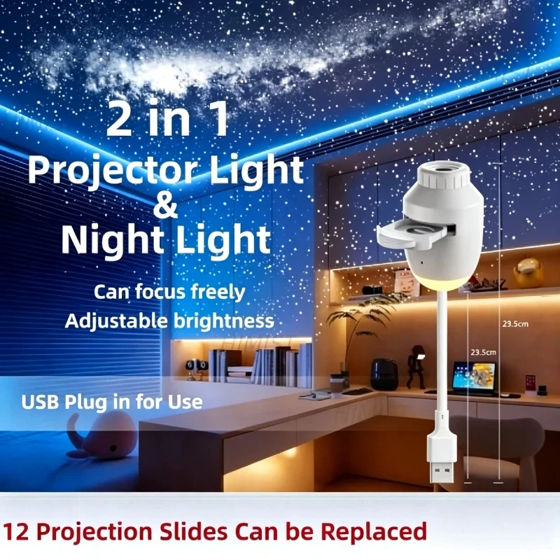 2-in-1 Usb Star Projector Night Light Dimmable Eye-care Bedside Lamp With Replaceable Slides Flexible For Bedroom Sleep & Decor