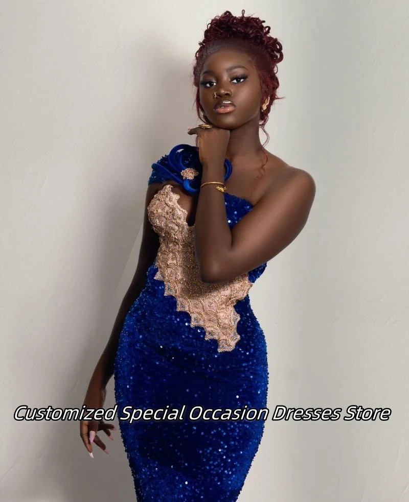 Vestido de noche de sirena de un hombro azul real brillante para niñas negras vestidos de fiesta con cuentas de lujo vestidos de fiesta de boda personalizados