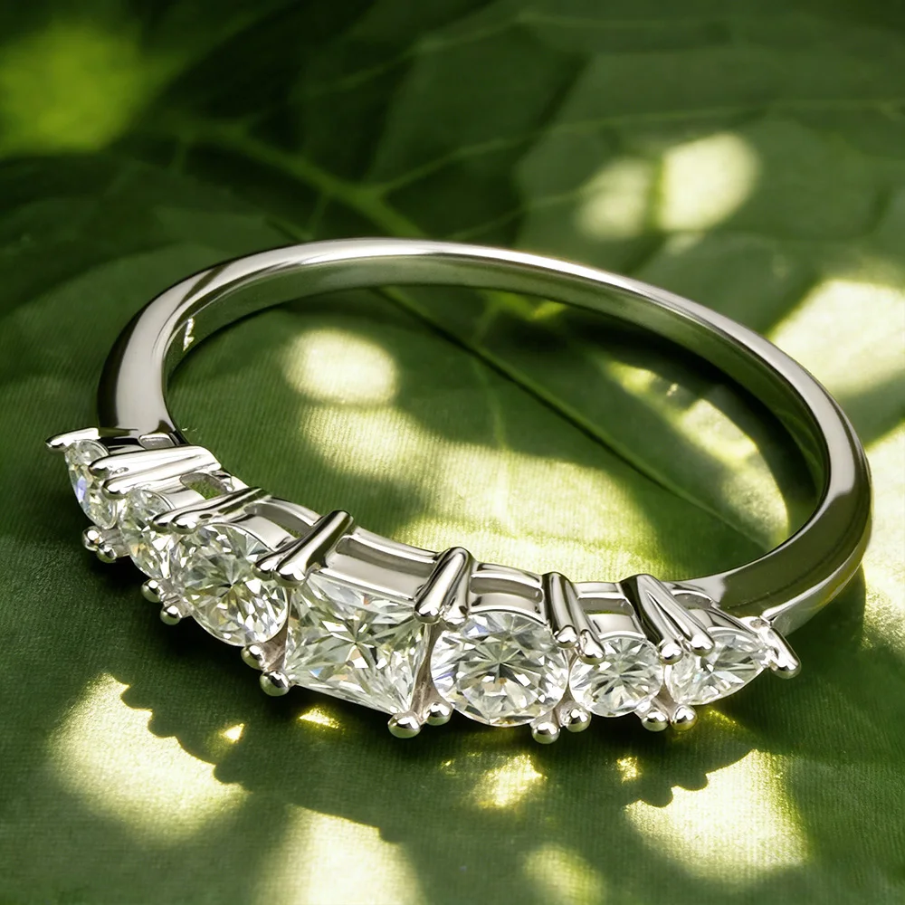 Serenity Princess Cut All Moissanite Rings Women Girl Gift S925 Sterling Silver Irregular Diamond Half Stackable Eternity Rings