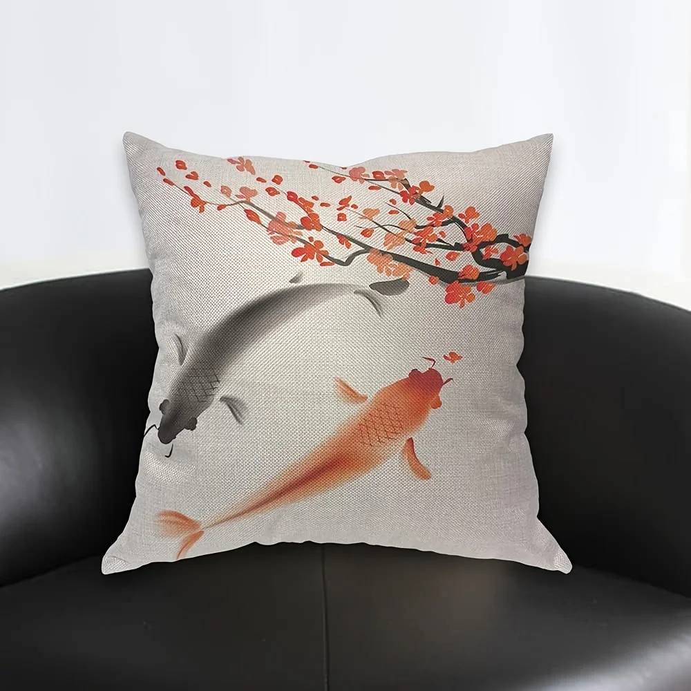 1pc Ink‑Style Koi Fish And Plum Blossom Double‑Sided Print Pillow Cover, Cushion Case for Sofa Bedroom, Insert Not Included