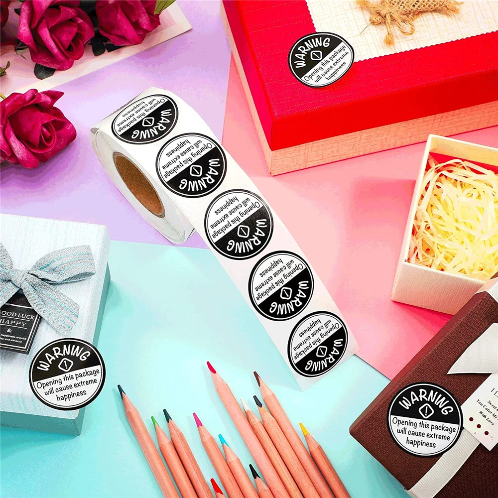500pcs/roll Warning Stickers for Kids Gift Wrapping Seals Black and White Lovely Extreme Happiness Warning Self Adhesive Sticker