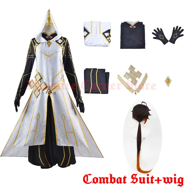 Jogo Genshin Impact Zhongli Cosplay Traje, Zhong Li Uniforme de Combate, Arconte Conjunto Completo Terno com Peruca, Roupas Morax