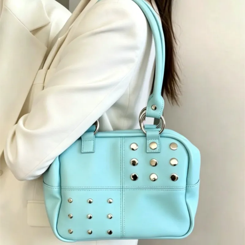 Korean Fashion Blue Pillow Bag Women Studded Plaid Stitching Large Capacity Handbag Ladies Commuter Versatile Shoulder Bag Chic
