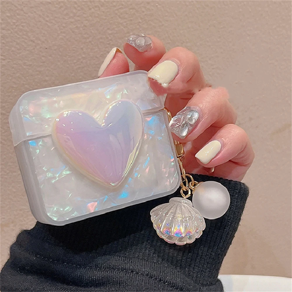 Cute Love Heart Shell Pattern Headphones Case For AirPods 1 2 3 With Bead Pendant Protective Shell Soft Cover For AirPods Pro 2