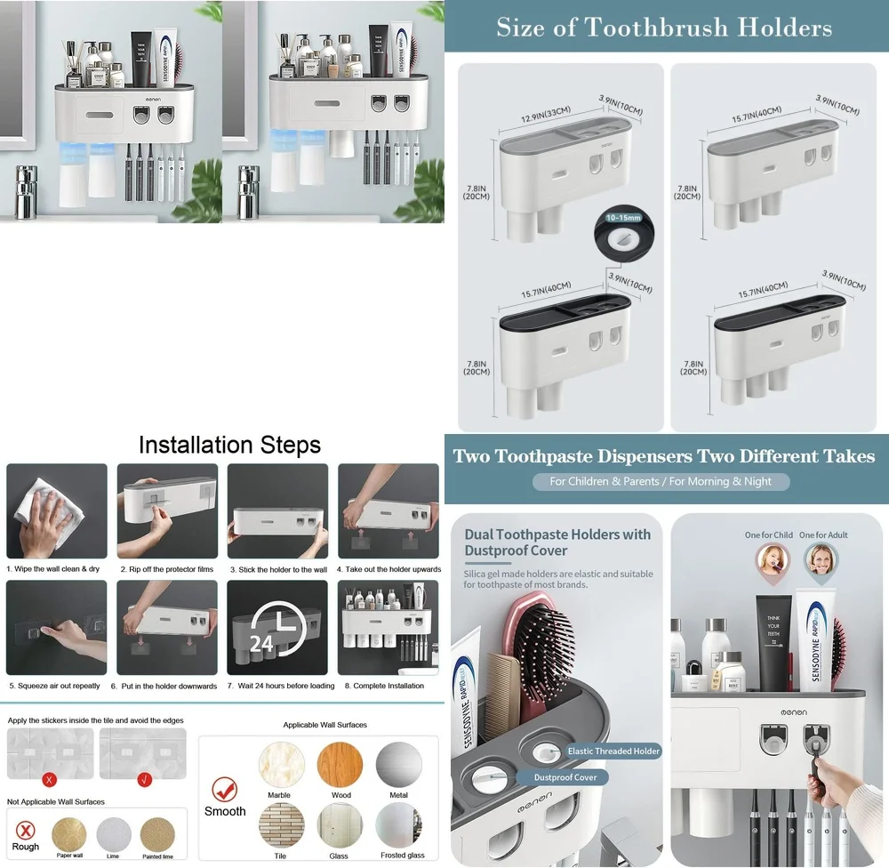 

Wall Mounted Toothbrush Holder with Automatic Toothpaste Dispenser Bathroom Organizer Storage Rack for Electric Manual Brushes