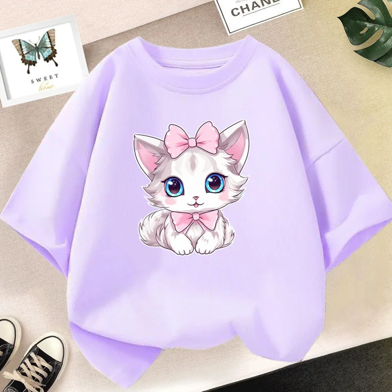 Girls Cotton Cute Cat/dog Graphic T shirt Summer Fashion Vintage Personality Kawaii Purple clothes Short Sleeve Tops