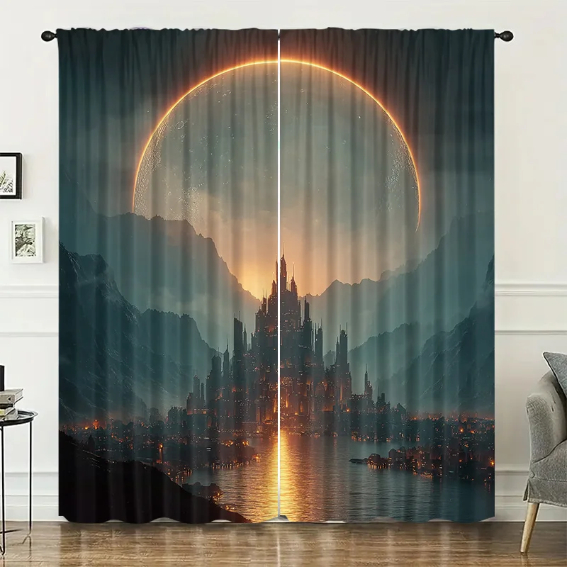Large Print Futuristic Cyberpunk City Skyline Curtains Drapes Sci Fi Neon Sunset Window Treatment Aesthetic Home Decor
