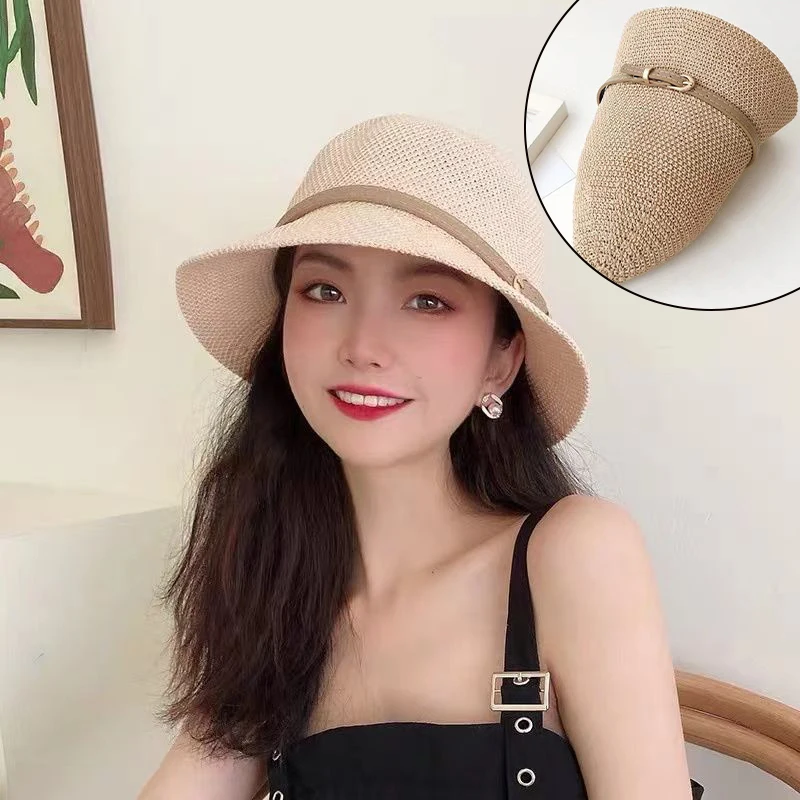 Floppy Wide Brim Zonnehoed Zomer Bescherming Casual Caps Lederen Gesp Visser Hoeden Vrouwen Outdoor Vakantie Strand Stro Cap