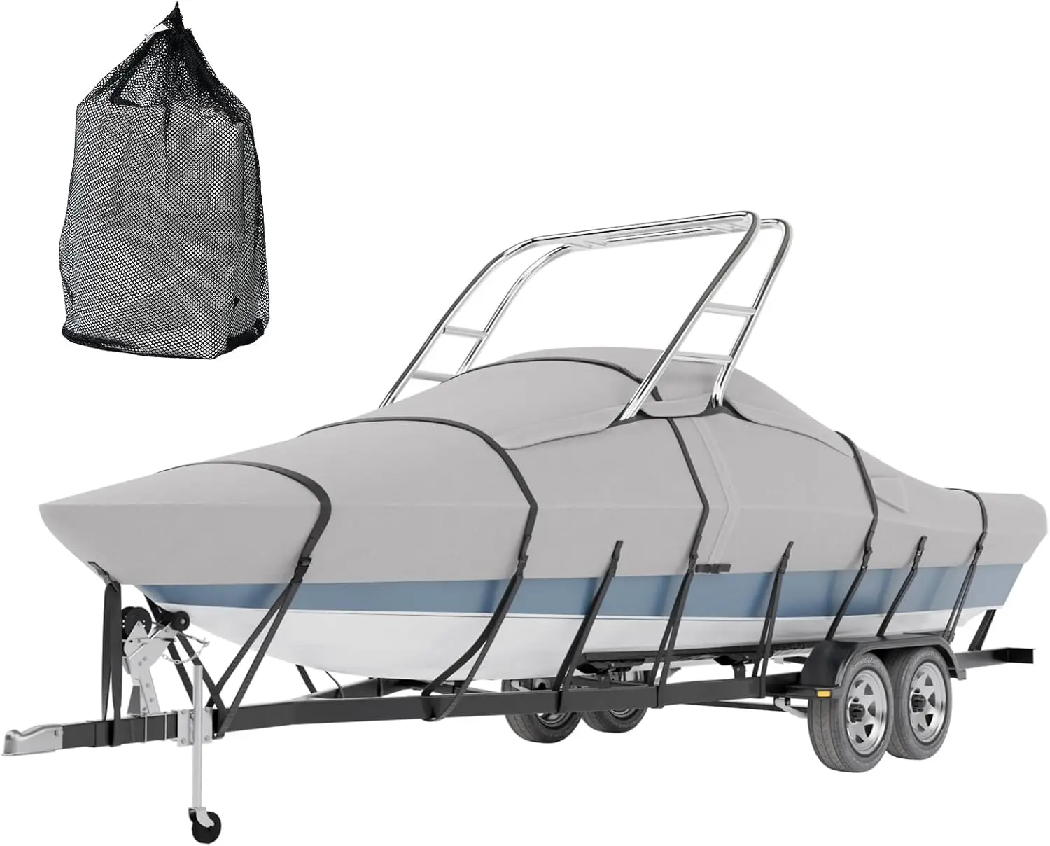 Cubierta impermeable teñida para barco con torre de esquí y pizarra, totalmente 11 + 6 correas a prueba de viento y cubierta para Motor, compatible con ancho de haz de 17'-19'L a 102 "W Tr