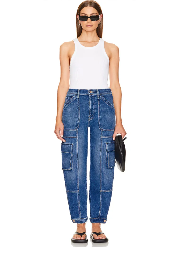 

Women's fashionable retro blue large pockets with feet without elastic slim fit casual work nine-point tapered jeans