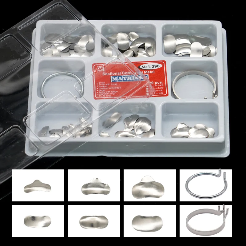 

100pcs+2 Dental Sectional Matrix Contoured Matrices System Metal Dentistry Resin Clamping Seperating Ring Autoclavable dental