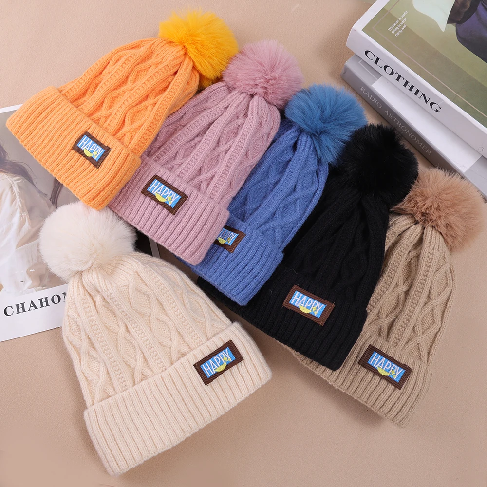 Winter Female Plush Knitted Beanies Hat Fur Pom Thicken Fleece-lined for Women Girl\'s Warm Hats Outdoor Woolen Thermal Gorro Cap