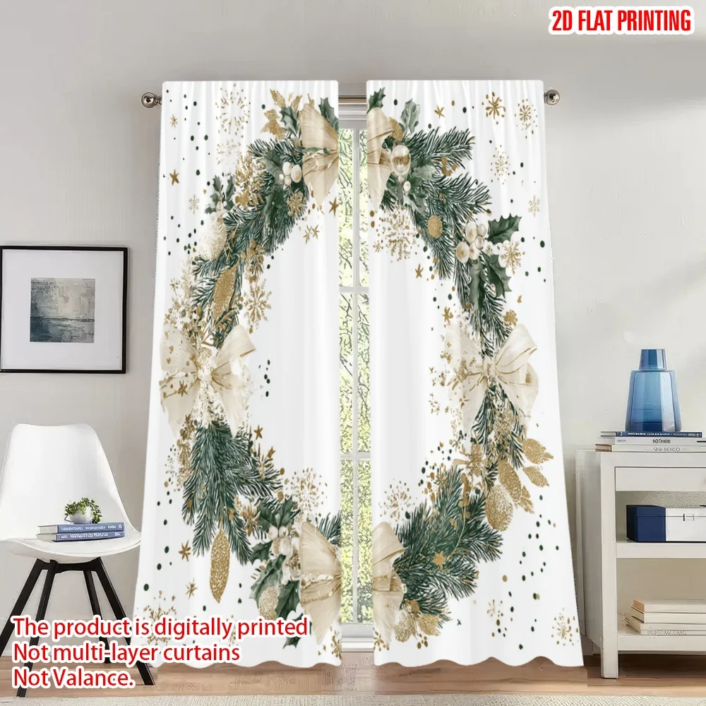 

2pcs 2D flat printing Christmas Party Curtains Christmas Wreath Greenery Golden Bows Digital Printed Polyester Drapes Party &