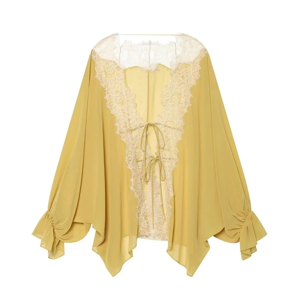 

Translucent Lace Shirt Lantern Sleeve Tie-up Design Long Sleeve Shirt Lace Patchwork Irregular Hem Sheer Blouse