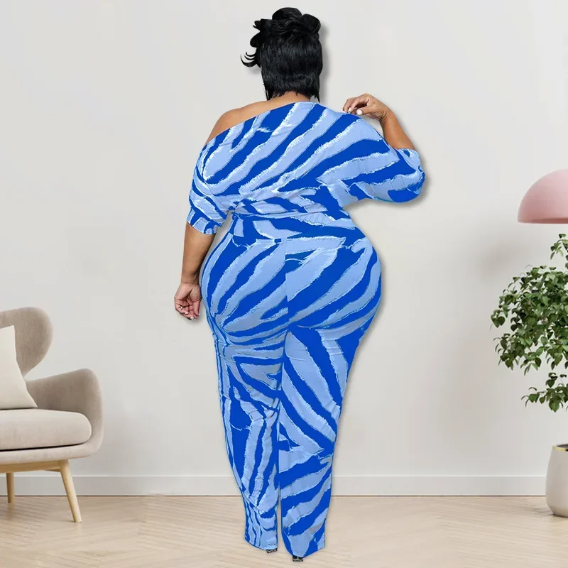 KEXU Stripe Print Sexy Off Shoulder High Waist Wide Leg Jumpsuit 2022 Elegant Half Sleeve Chic Plus Size Women Overalls Playsuit