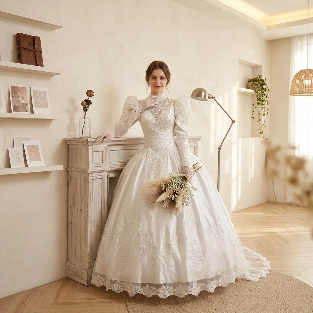 Vintage Hochgeschlossenes Ballkleid Brautkleid Kathedralenschleppe Lange Puffärmel Satin Schleife Brautkleid Maßanfertigung Robe De Mariée