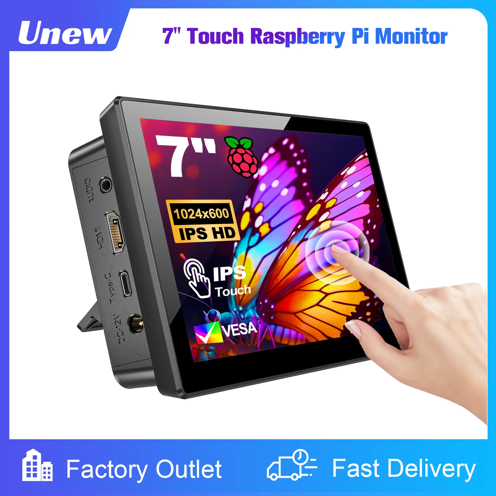 7 inch touchscreen duplex pi display industrial 1024x600 panel display HDMI Type-C supports PI 5 4 3