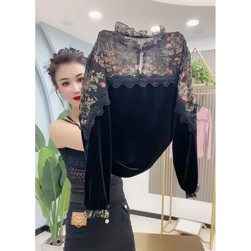 بلوزة نسائية أنيقة مع تطريز الأزهار وحواف من الدانتيل وياقة واقفة وأكمام طويلة ملابس ربيع الخريف بقصة ضيقة #3