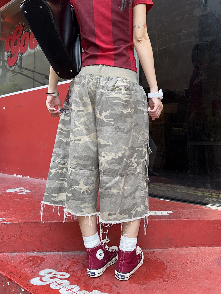 American Style Camouflage Work Pants Women's Summer New Washed Wide Leg Multi-Pocket Casual Trousers Fashionable Straight Cut