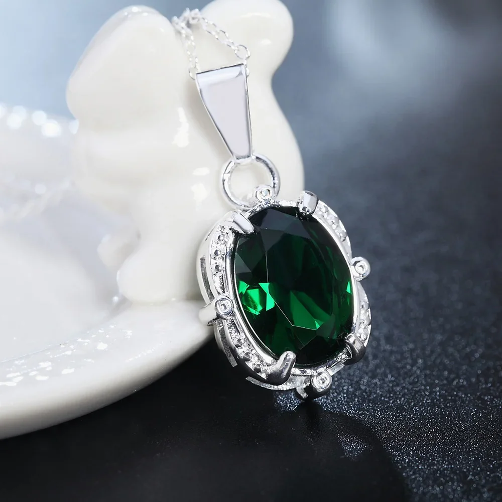 

Noble Women Green Shiny crystal Pendant diamond 925 Sterling Silver Necklace High Quality Fashion party Jewelry Christmas Gifts