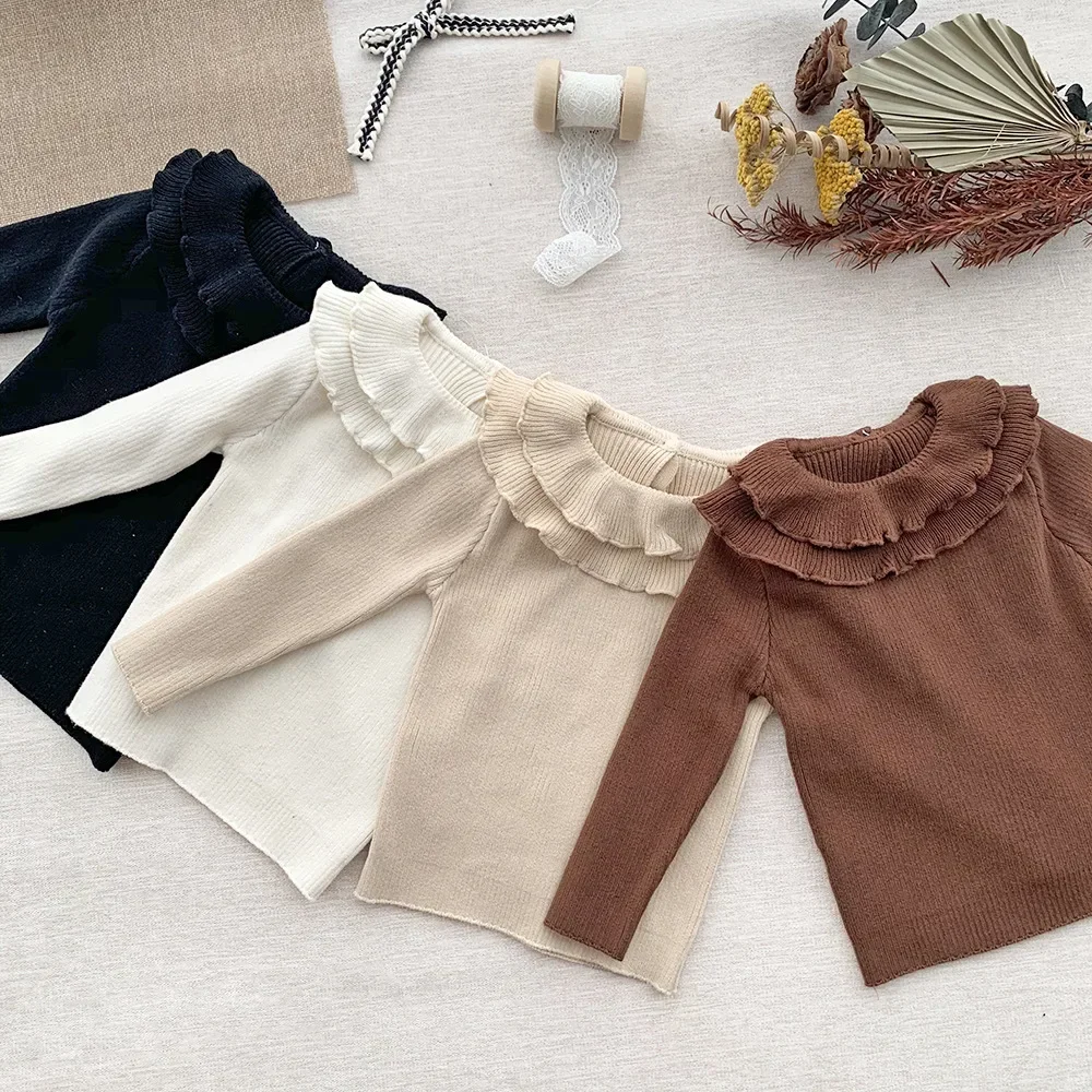 autumn and winter ins baby lotus leaf pile base sweater pit strip high elasticity sweater for girls cross-border base