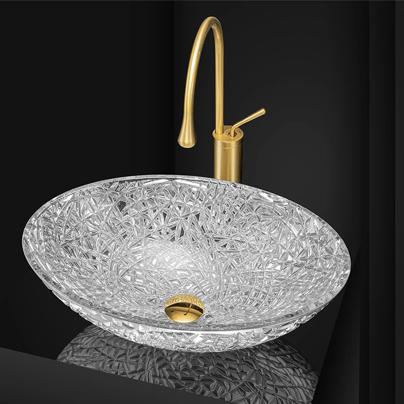 Electroplated Gold Crystal Glass Sink Home Balcony Vessel Basin Oval Countertop Bathroom Washbasin With Swan Faucet 50*35*15cm