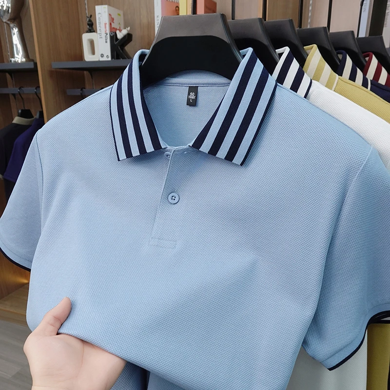 2026 New Simple Notch Lapel Polo Shirts for Men Short Sleeve Summer Business Casual Striped Breathable T-Shirts