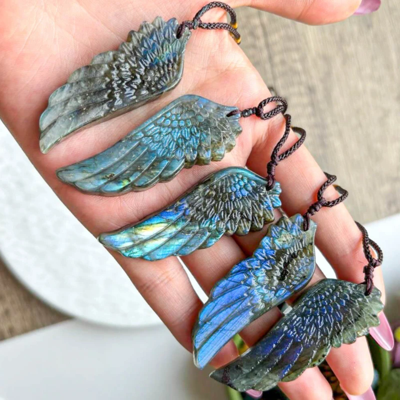 1pc Bohemian style Labradorite Wing pendant, jewelry making, with Adjustable Braided Cord, random Iridescent Color Stone