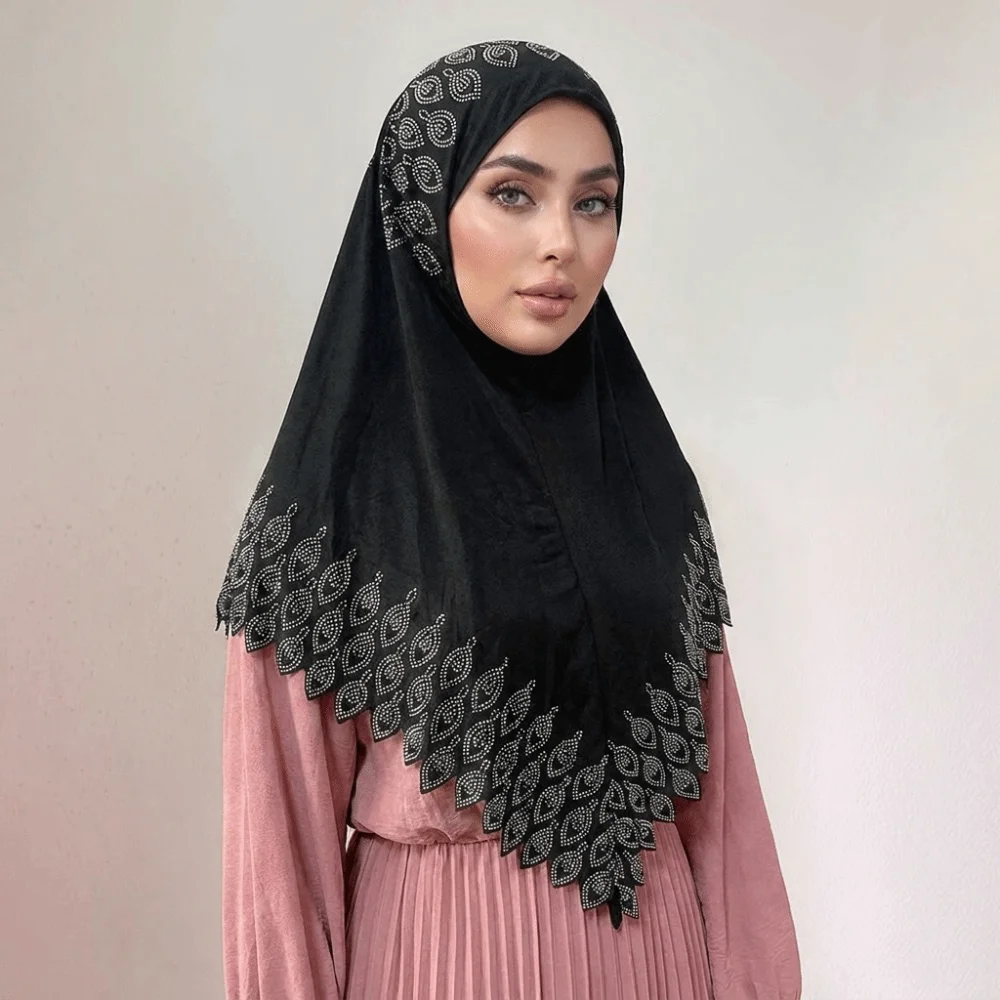 

Rhinestone Eid Al-Fitr Long Turban Breathable Solid Color Arab Lady Headscarf Adjustable Versatile Hijab Head Wrap Women