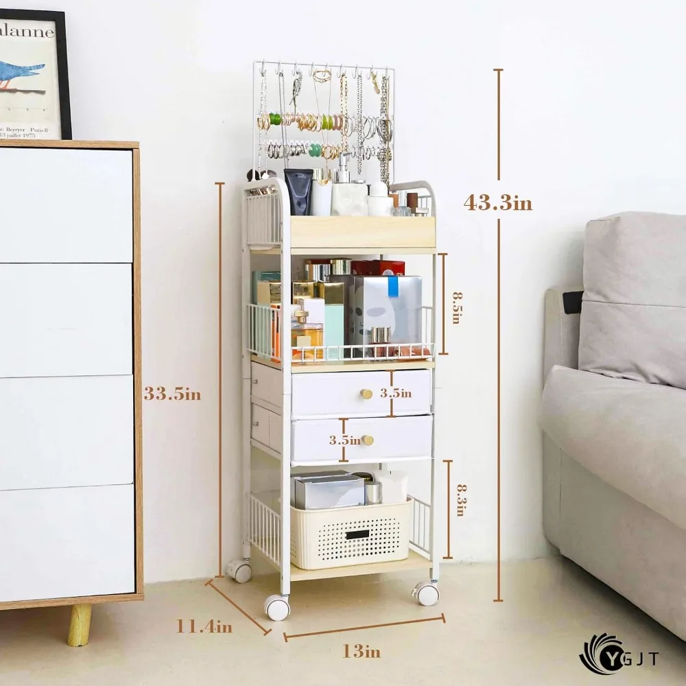 Floor Cosmetic Organizer with Drawers and Jewelry Holder, Modern Vanity Storage for Skincare Makeup Tools