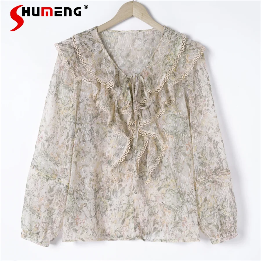 

Elegant Chic Ruffled Floral Printed Shirt Female 2024 Spring New High-End Vintage Woman's V Neck Long-Sleeved Shirt and Top