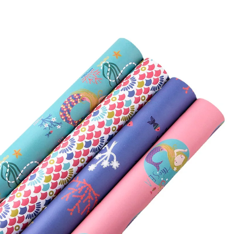 4 Pcs Cartoon Mermaid Wrapping Paper Roll for Wedding Kids Birthday Holiday Baby Shower Gift Wrap Craft Paper Decor Gifts