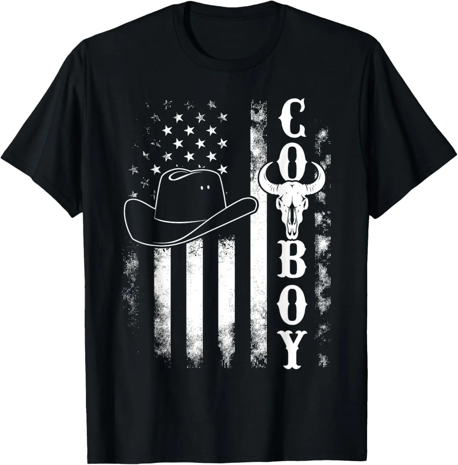 

Cowboy Western American Flag Skull Graphic Tee Distressed Retro Southern Rodeo T-Shirt