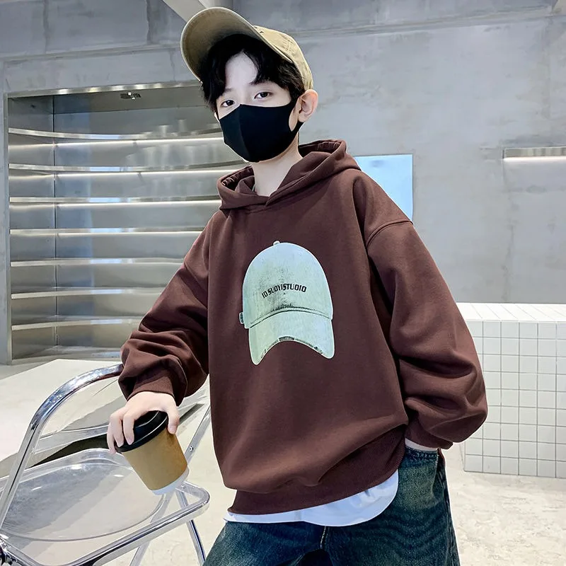

2025 New Boys Big Medium Kids Spring Autumn Loose Fit Long Sleeve Hooded Sweatshirt Stylish