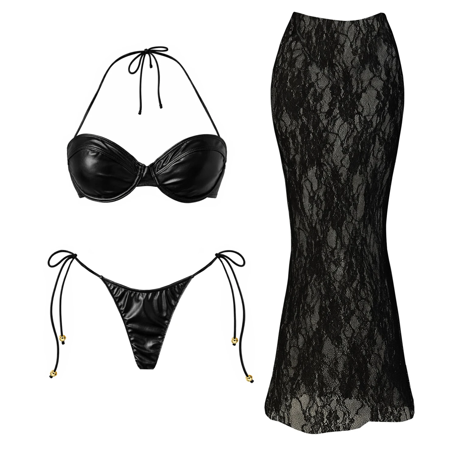 3Pcs Black Bikini Women Sexy Swimsuit Luxury Swimwear Bandeau Biquini Female Lace Skirt Solid Swim Suits Bathingsuit Beachwear