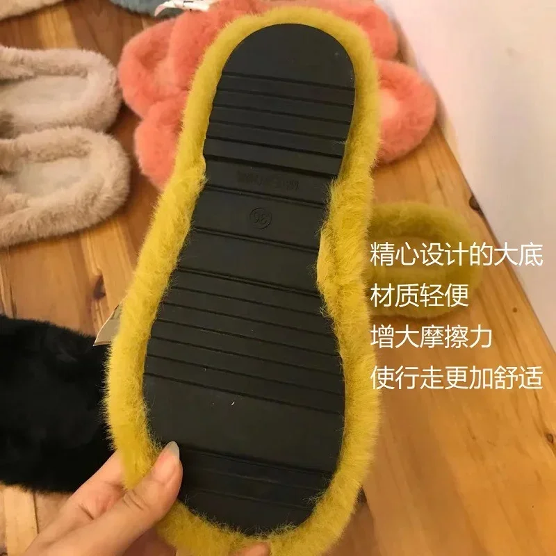 Fashion One Word Thick Fur Slippers Double Fur Slippers Casual Home Cotton Shoes for Women Flat Plush Cross Straps Slippers2024