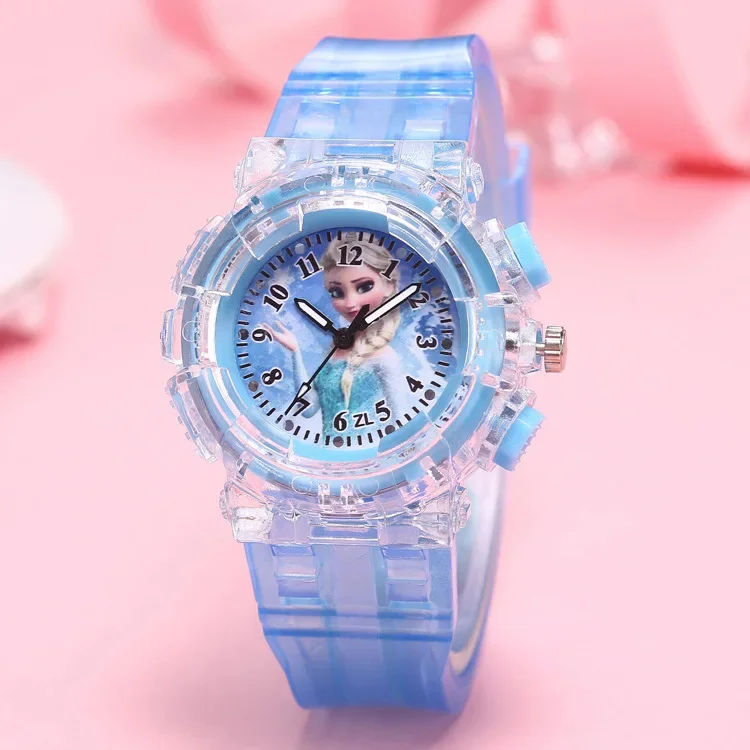 Disney Frozen Princess Pattern Led Glowing Flash Children Watch Toys Fashion Quartz Wristwatch Christmas Gifts for Kids