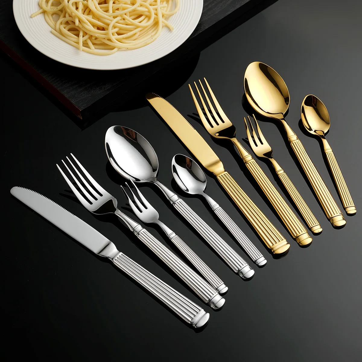 Luxury five-piece Western steak tableware set Amazon gold Roman column stainless steel knife and fork high-grade metal tableware