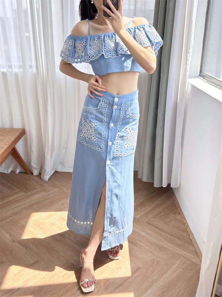 

Women Blue Midi Skirt Embroidery Hollow Out Single Breasted High Waist A-Line Casual Summer 2024 Jupe