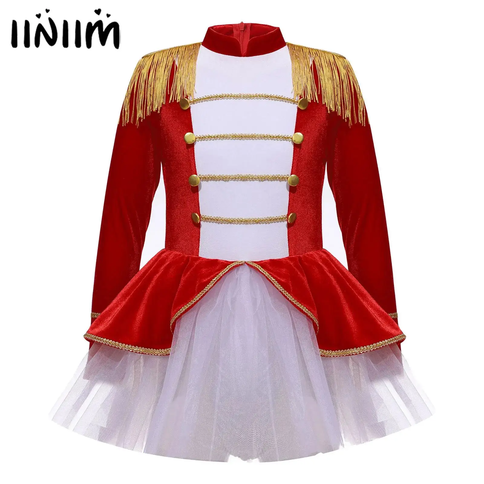 

Girls Circus Ringmaster Lion Tamer Majorette Cosplay Costume Tassel Epaulet Mesh Leotard Jumpsuit Showman Circus Xmas Dress