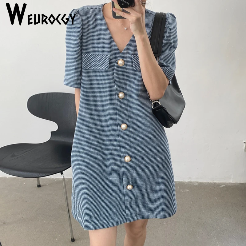 

Women Denim Skirt 2022 Spring Summer New Style Loose Fashion French Style V-neck Dress Women Vintage Puff Short Sleeve Dresses