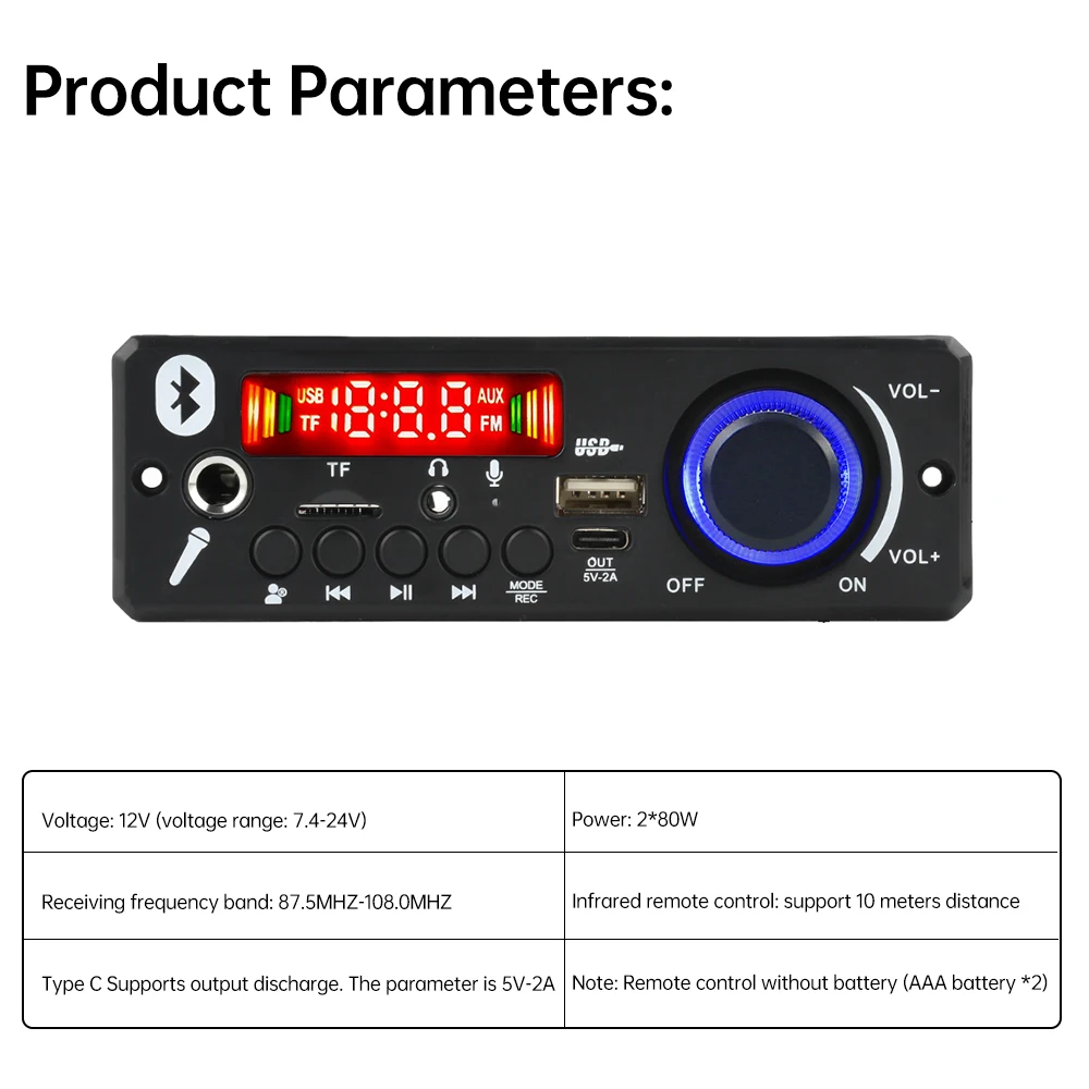 DC 12V Bluetooth オーディオアンプ FM MP3 オーディオデコーダモジュールデュアルチャンネル 80W*2 ステレオアンプボード LCD ディスプレイ付き