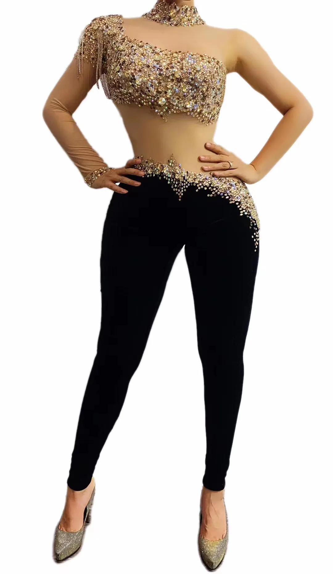 

MulticolorRhinestonesFringeTransparentSleeveJumpsuitBlackVelvetLeggings DanceOutfitBarSingerWearOutfit