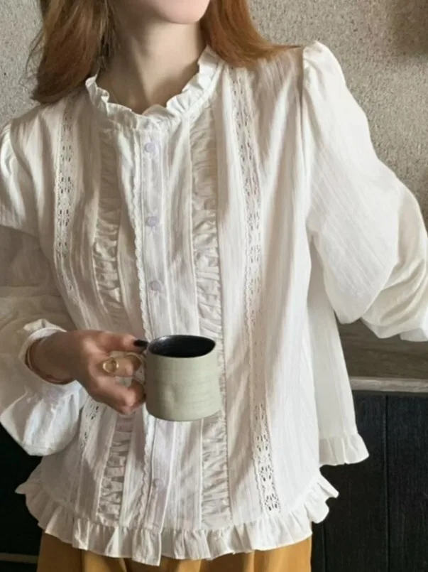 

Корейский кружевной деревянный воротник-ушанка в стиле пэчворк Long Sve, повседневный женский модный топ из дышащего полиэфирного волокна