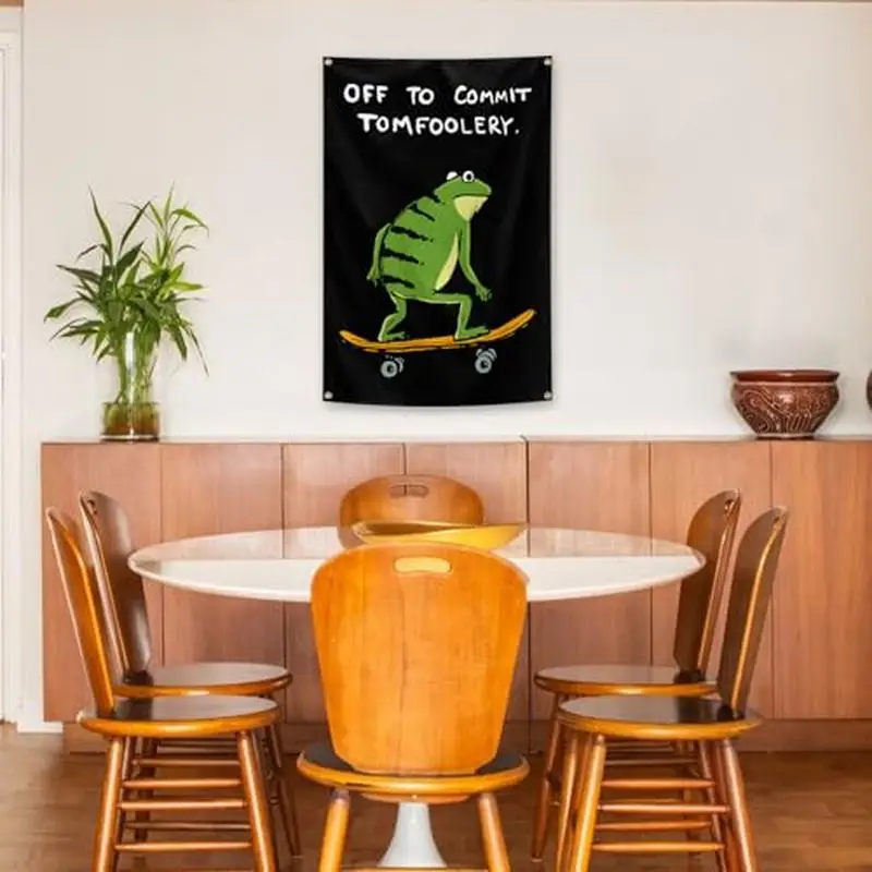 VIKAMA Off To Commit Tomfoolery Frog Skateboard Wall Tapestry Black Background Green Toad Funny Quote Humor Bedroom Living Room