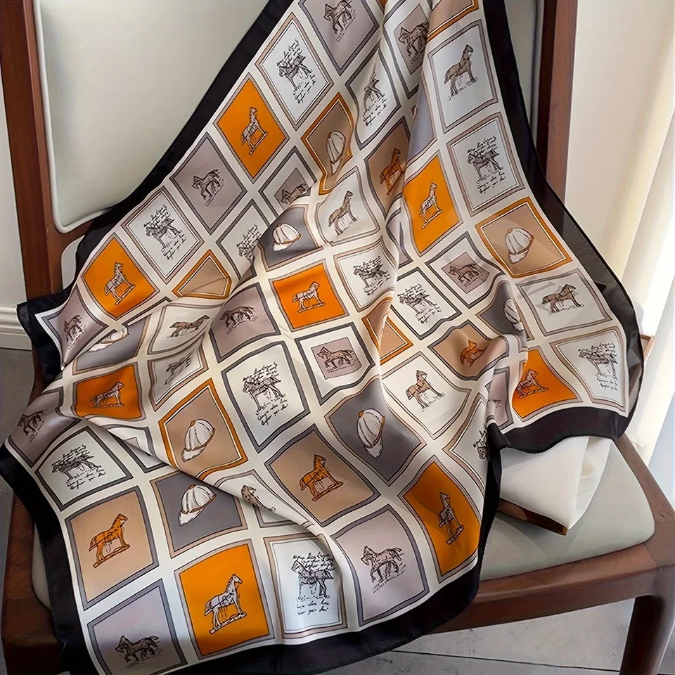 27.55" Grid Horse Print Square Scarf Simulated Silk Neck Scarf Stylish Sunscreen Headscarf For Women