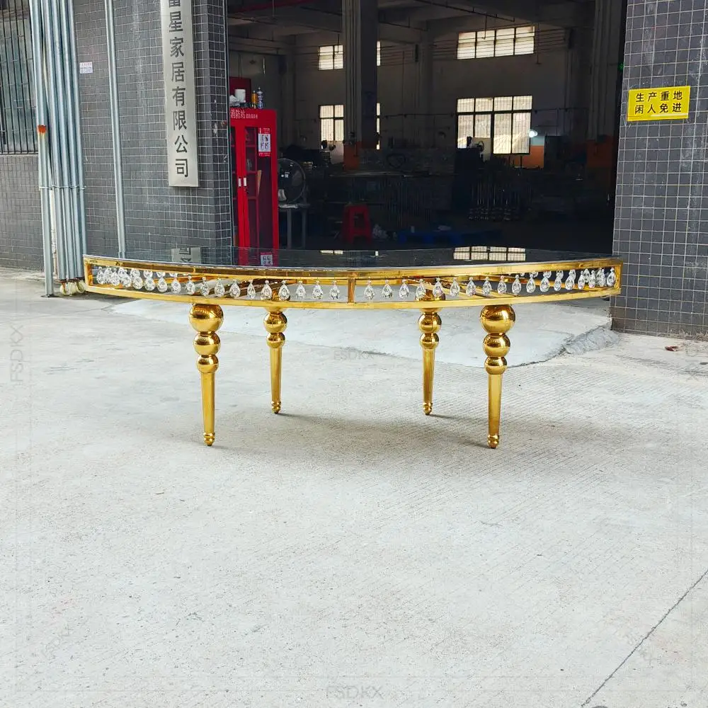 تصميم جديد لحدث الحفلات بإطار من الفولاذ المقاوم للصدأ على شكل نصف قمر طاولة زفاف وكرسي #6