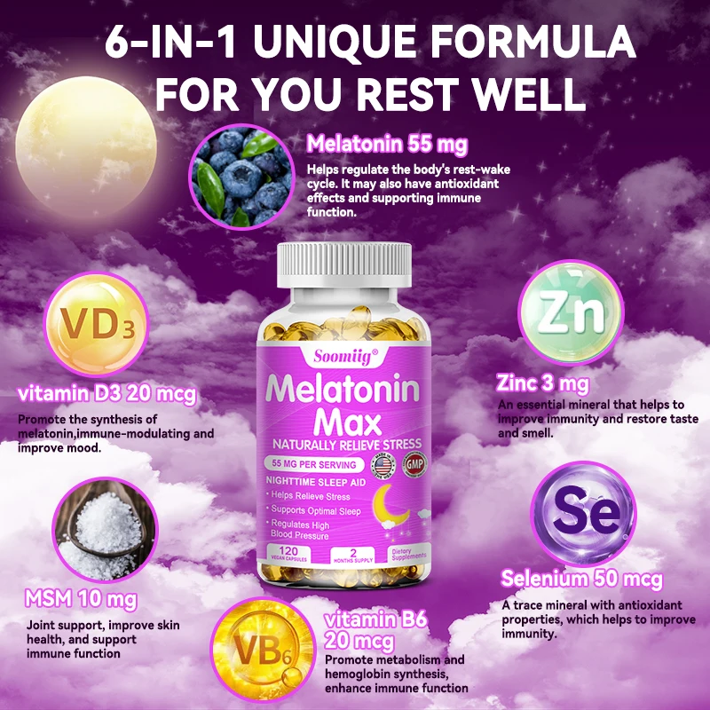 Soomiig Melatonin Capsules Relieve Insomnia Helps Sleep, Increases Work Efficiency, Improves Sleep Quality, Reduces Waking Time