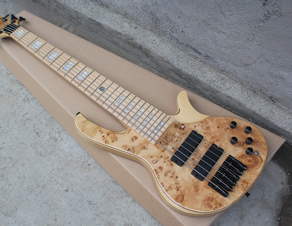 Flyoung 6 Strings Natural Wood Color Electric Bass Guitar with White Pearl Inlays,Offer Customize